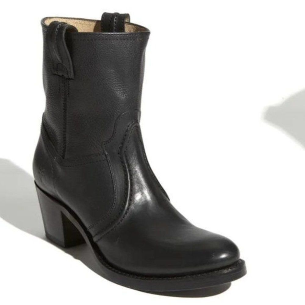 Frye Jane Trapunto Black Western Leather Booties Side Zip Ankle Black Size 6.5